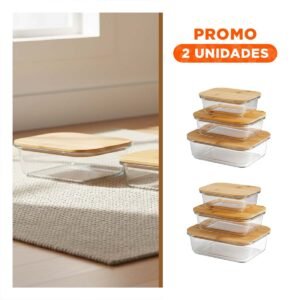 Pack2 Envases Rectangulares con Tapa de Bambu para Despensa 370ml 640ml 1040ml Transparente