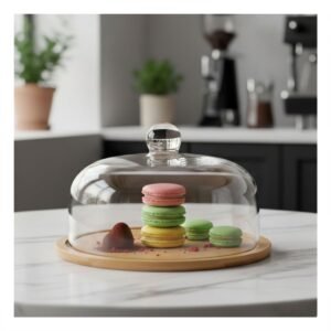 Set Base Madera con Cupula de Vidrio Transparente Bambu 32x24cm Guardar Alimentos