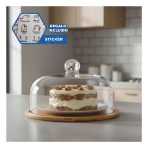 Set de Base Madera y Cupula Vidrio Transparente Bambu 32x24cm Almacenaje Y+Regalo Sticker