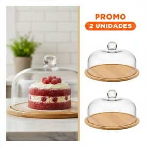 Pack2 Equipo de Base Madera con Cupula de Vidrio Transparente Bambu 32x24cm Cocina Hogar