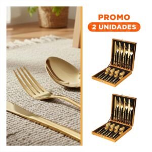 Pack2 Kit Mesa 16 Cubiertos con Estuche Organizador Dorado