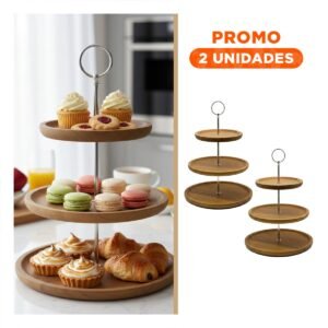 Pack2 Plato Circular 3 Niveles Marron Exhibidor Madera Cocina y Guardar Objetos