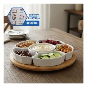 Bandeja de 6 Bowls de Color Blanco 30cm Ceramica Guardar Alimentos y Hogar Y+Regalo Sticker