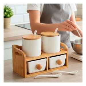 Set de 4 Recipientes Blanco con Tapa Cuchara y Base de 32x12cm para Cocina