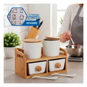 Set de 4 Recipientes con Tapa Cuchara Base Blanco 32x12cm Almacenaje Cocina Y+Regalo Sticker