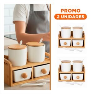 Pack2 Conjunto de 4 Recipientes Blanco Tapa Cuchara Base 32x12cm Organización Hogar