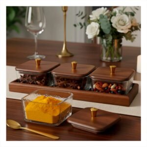 Set 3 Unidades de Recipientes Cuadrados Marron con Base 32,5x12cm y Tapa de Madera