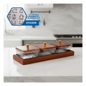 Set de 3 Recipientes Marron Cuadrados con 32,5x12cm Base y Tapa de Madera Y+Regalo Sticker