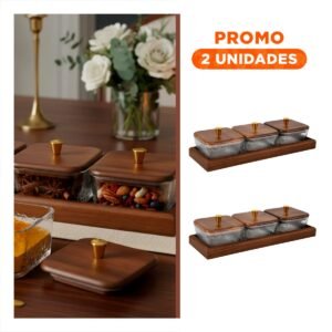 Pack2 Pack de Recipientes Marron Cuadrados con Base y Tapa de Madera 3 Unidades 32,5x12cm