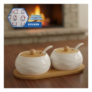 Set de 2 Recipientes con Tapa Bambu Blanco 19,9cm Guardar Alimentos Cocina Y+Regalo Sticker