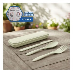 Set de 3 Cubiertos Ecologicos con Estuche Rigido Portatil Verde Y+Regalo Sticker