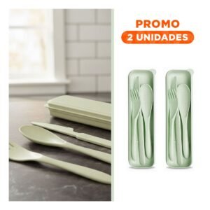 Pack2 Kit de 3 Cubiertos de Viaje Reutilizables con Estuche Verde