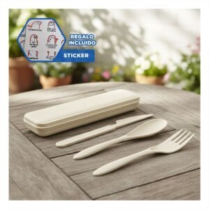 Set de 3 Cubiertos Ecologicos con Estuche Rigido Portatil Beige Y+Regalo Sticker