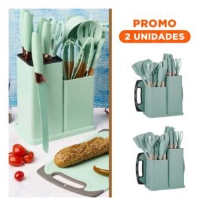 Pack2 Utensilios Cocina Profesional en Verde con Estructura Acero Inoxidable