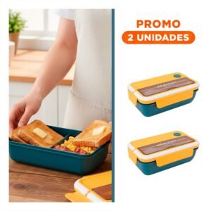 Pack2 Contenedor Rectangular con Cubiertos para Almuerzos 1100ml Amarillo y Azul