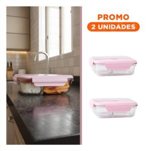 Pack2 Contenedor de Vidrio 2 Divisiones con Cubiertos Tapa Rosado para Transporte Seguro
