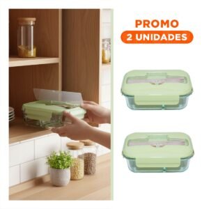 Pack2 Taper de Vidrio con 3 Divisiones para Llevar Ensaladas y Frutas Tapa Verde