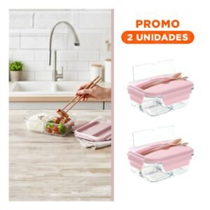 Pack2 Contenedor con 3 Divisiones y Cubiertos para Almuerzo Tapa Rosado