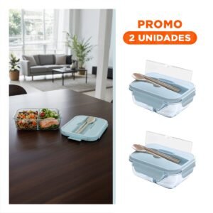 Pack2 Contenedor de Vidrio con 3 Divisiones para Preparaciones Diarias Tapa Celeste