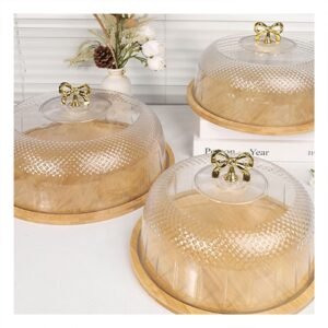 Base con Cupula Transparente y Lazo Color Dorado 31,5x18,5cm Para Mesa