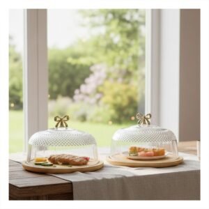 Base con Cupula Transparente y Lazo Color Dorado 35,5x18,5cm Para Mesa