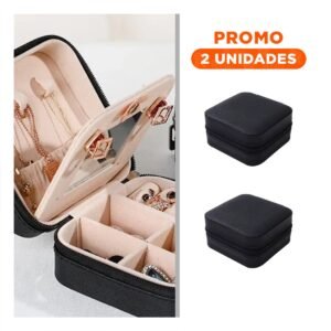 Pack2 Joyero Portatil con Espejo Cuero PU Negro para Viaje Mujer