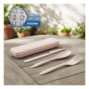 Set de 3 Cubiertos Ecologicos con Estuche Rigido Portatil Rosado Y+Regalo Sticker