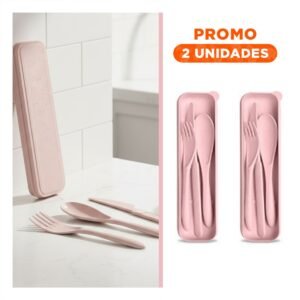 Pack2 Cubiertos Reutilizables Set de 3 Piezas con Estuche Protector Rosado