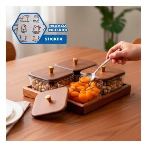 Set de 4 Recipientes con Tapa Madera Base Marron Cuadrados para Almacenaje Y+Regalo Sticker