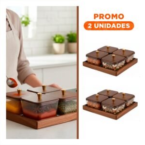 Pack2 Pack Marron de 4 Recipientes con Base Tapa Madera Cuadrados Uso Diario
