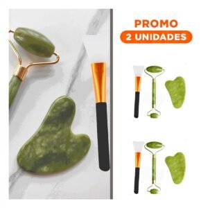 Pack2 Rodillo Facial Set de 3 de Jade Verde para Masaje Profundo y Relajante